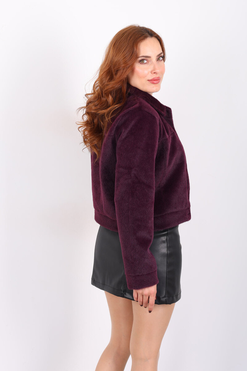 Gold Düğmeli Tay Tüyü Mürdüm Kadın Ceket - 6