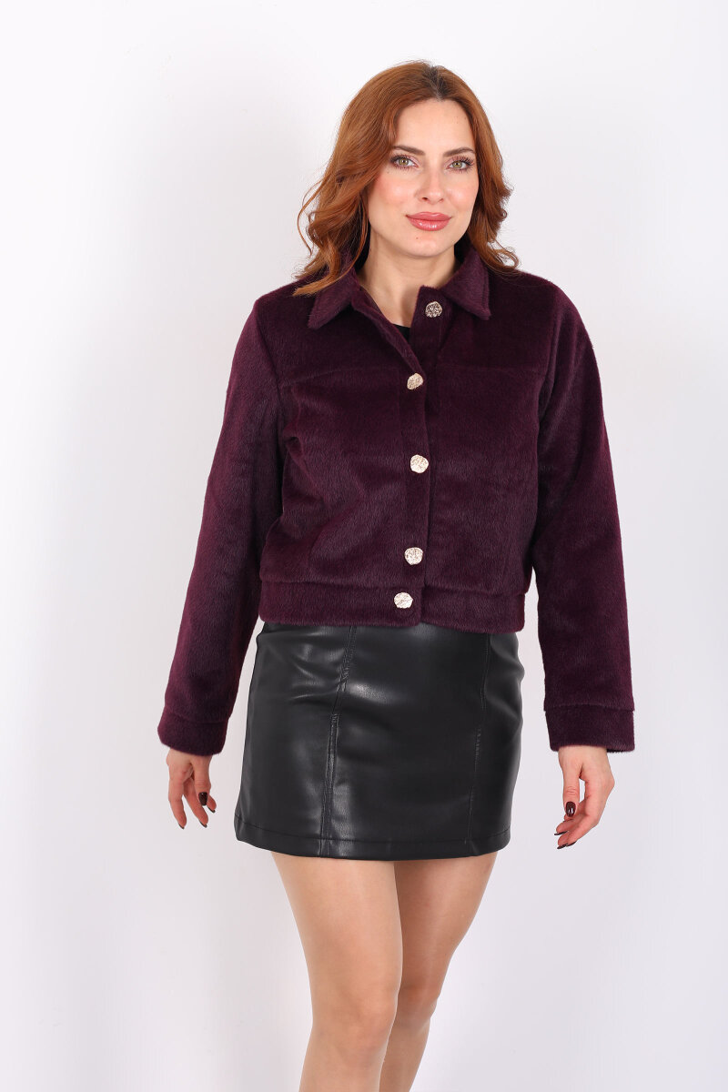 Gold Düğmeli Tay Tüyü Mürdüm Kadın Ceket - 5