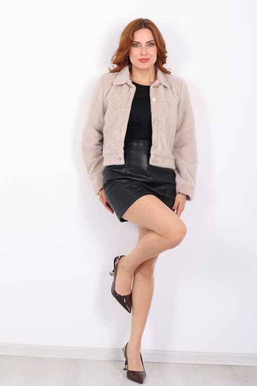 Gold Düğmeli Tay Tüyü Taş Rengi Kadın Ceket - 5