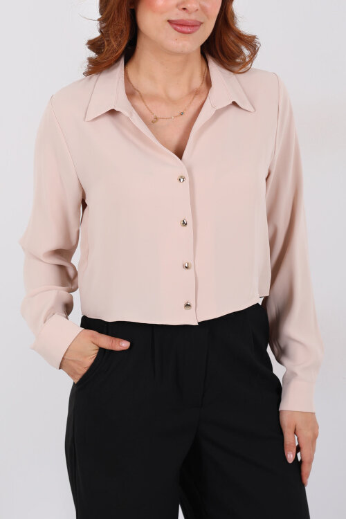 Gold Düğmeli Viskon Bej Kadın Crop Gömlek - Berox (1)