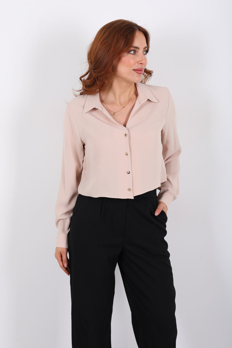 Gold Düğmeli Viskon Bej Kadın Crop Gömlek - 4