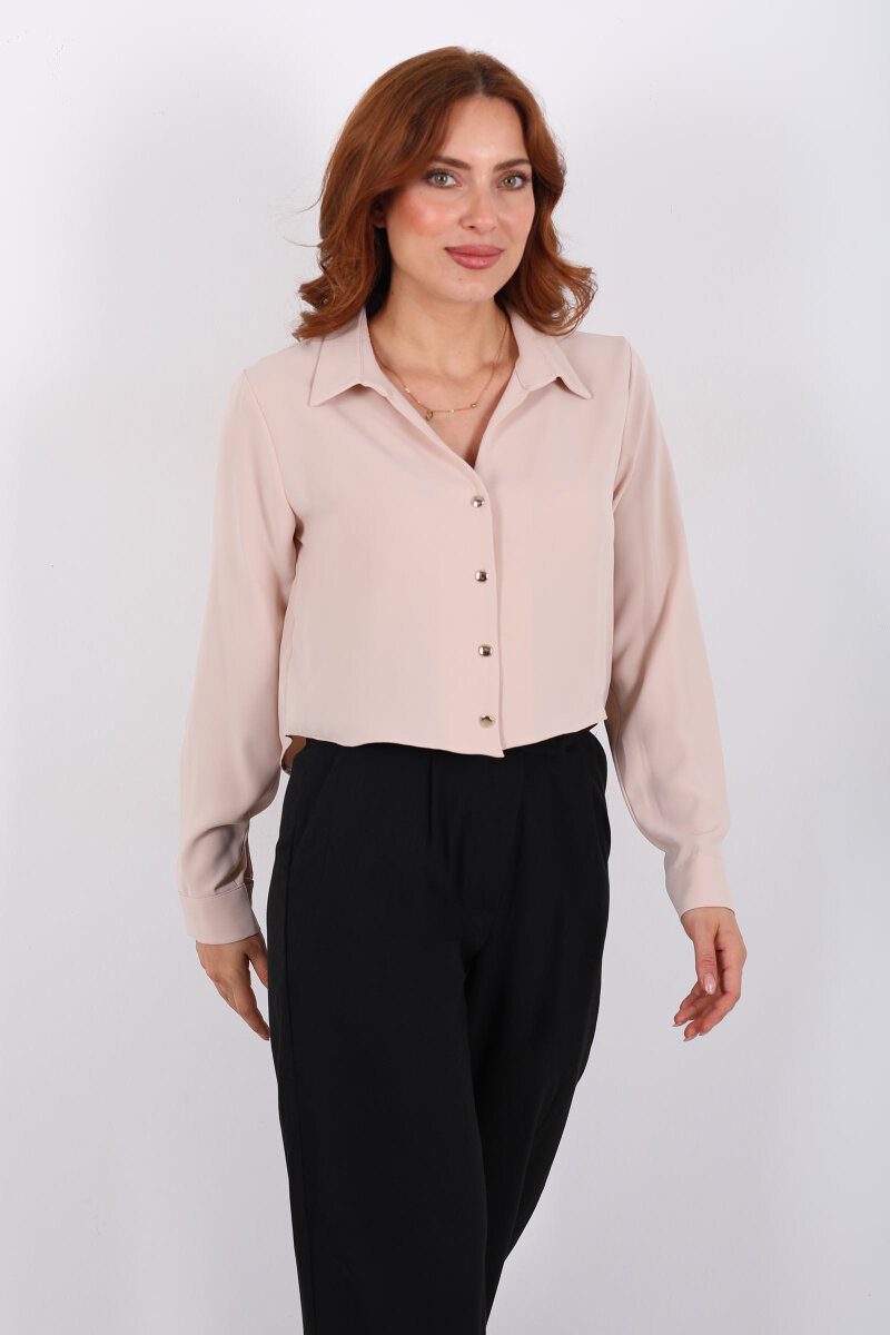 Gold Düğmeli Viskon Bej Kadın Crop Gömlek - 3