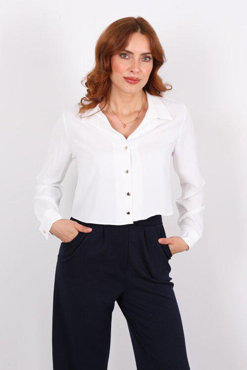 Gold Düğmeli Viskon Beyaz Kadın Crop Gömlek - 3