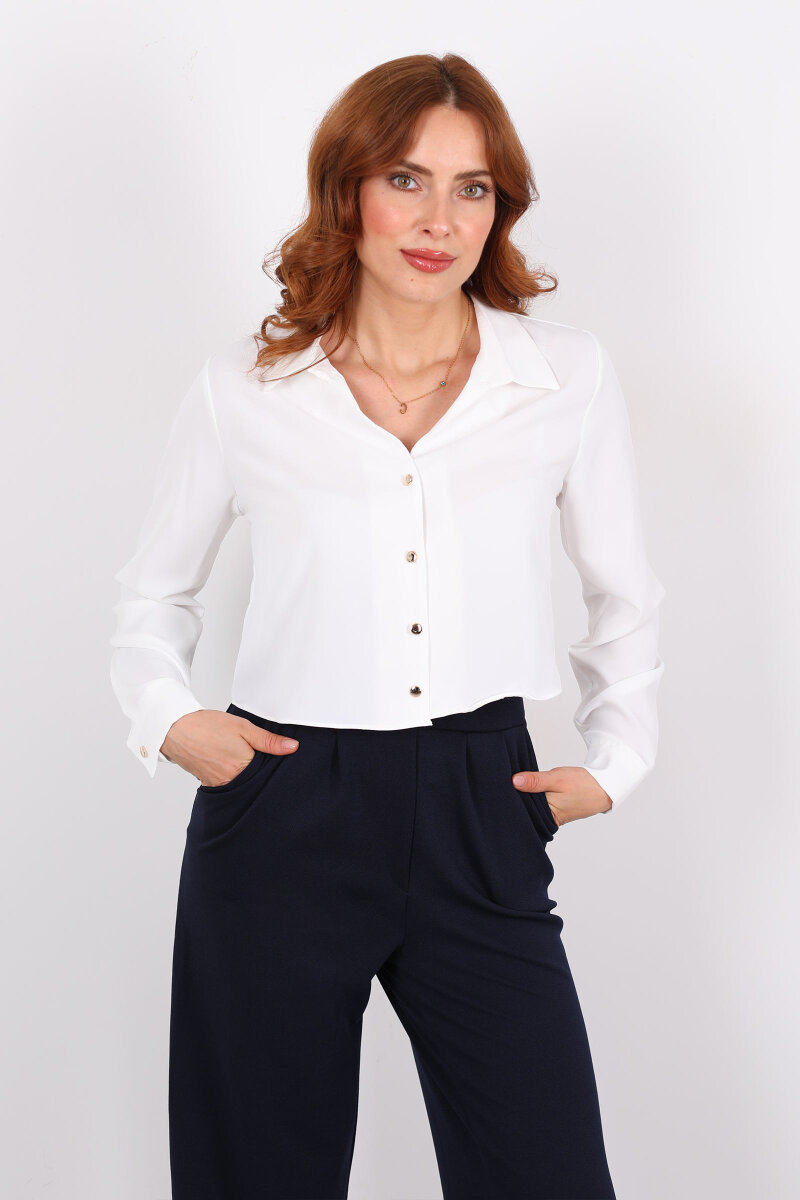 Gold Düğmeli Viskon Beyaz Kadın Crop Gömlek - 3