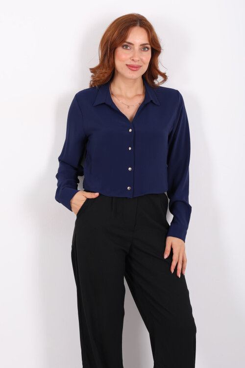 Gold Düğmeli Viskon Lacivert Kadın Crop Gömlek - 4