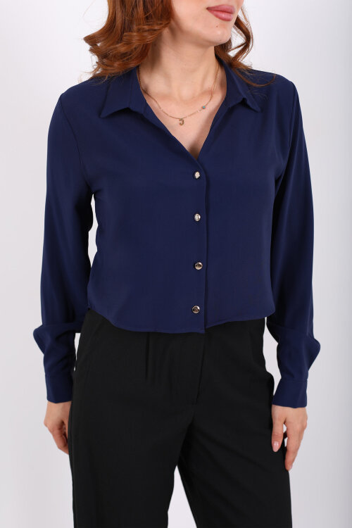 Gold Düğmeli Viskon Lacivert Kadın Crop Gömlek - Berox (1)