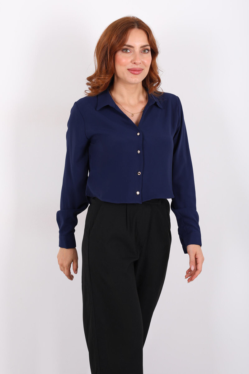 Gold Düğmeli Viskon Lacivert Kadın Crop Gömlek - 3