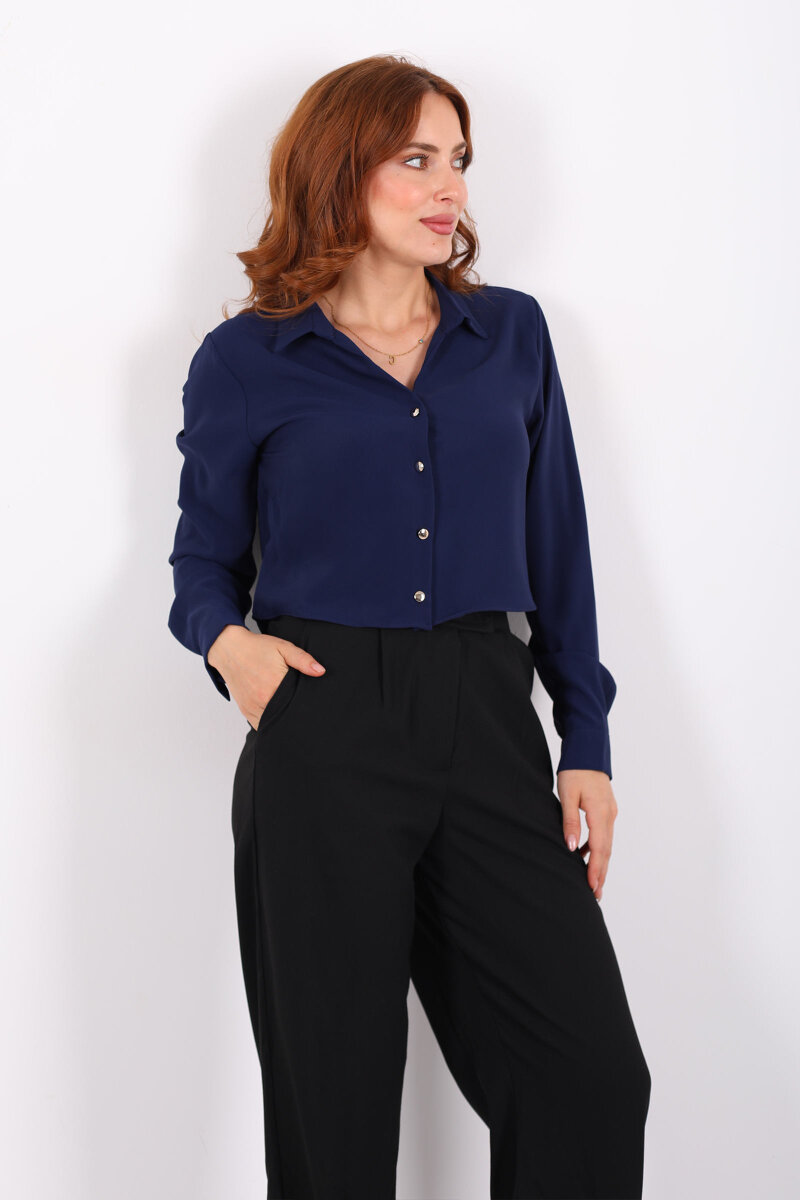 Gold Düğmeli Viskon Lacivert Kadın Crop Gömlek - 1