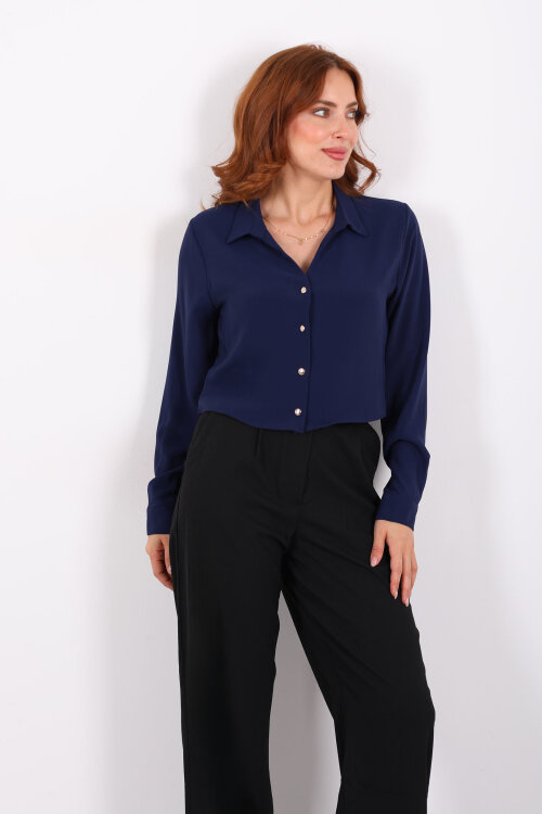 Gold Düğmeli Viskon Lacivert Kadın Crop Gömlek - 6