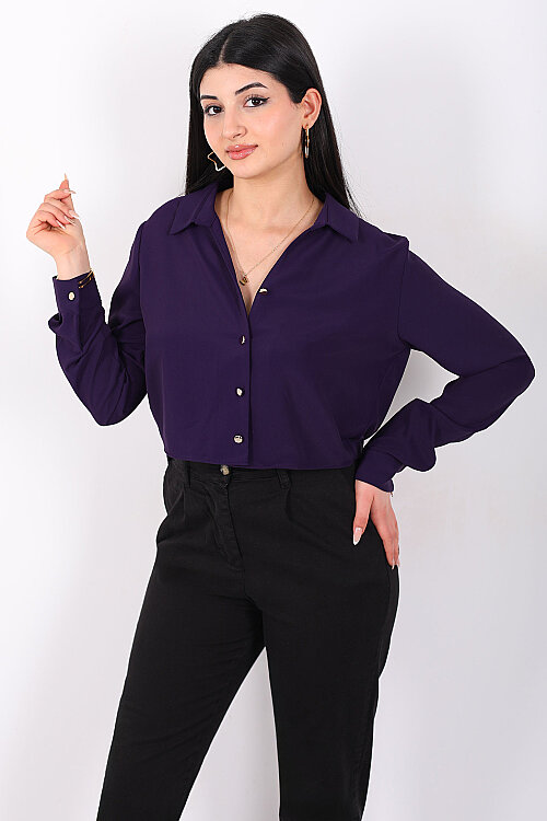 Gold Düğmeli Viskon Mor Kadın Crop Gömlek 