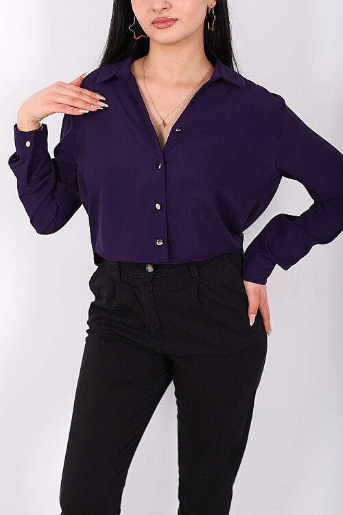 Gold Düğmeli Viskon Mor Kadın Crop Gömlek - 2