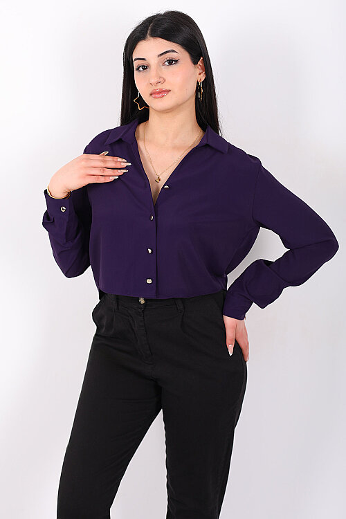 Gold Düğmeli Viskon Mor Kadın Crop Gömlek - 3