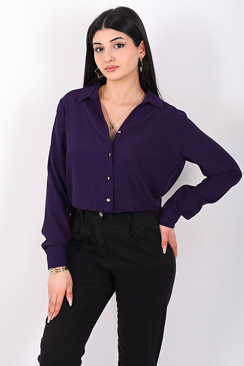 Gold Düğmeli Viskon Mor Kadın Crop Gömlek - 6