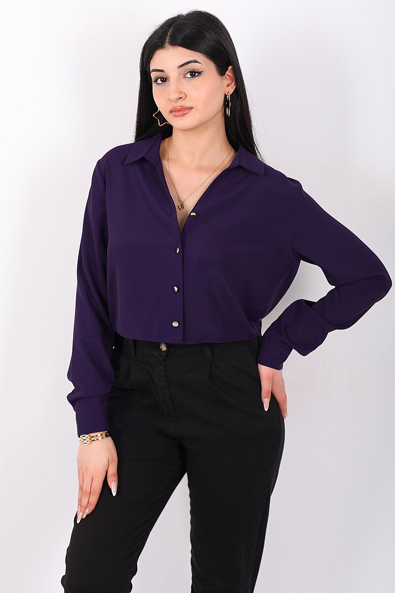 Gold Düğmeli Viskon Mor Kadın Crop Gömlek - 6