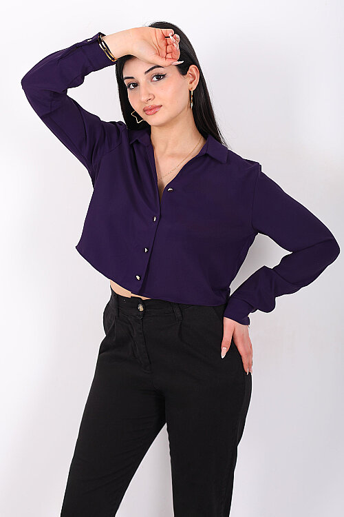 Gold Düğmeli Viskon Mor Kadın Crop Gömlek - 4