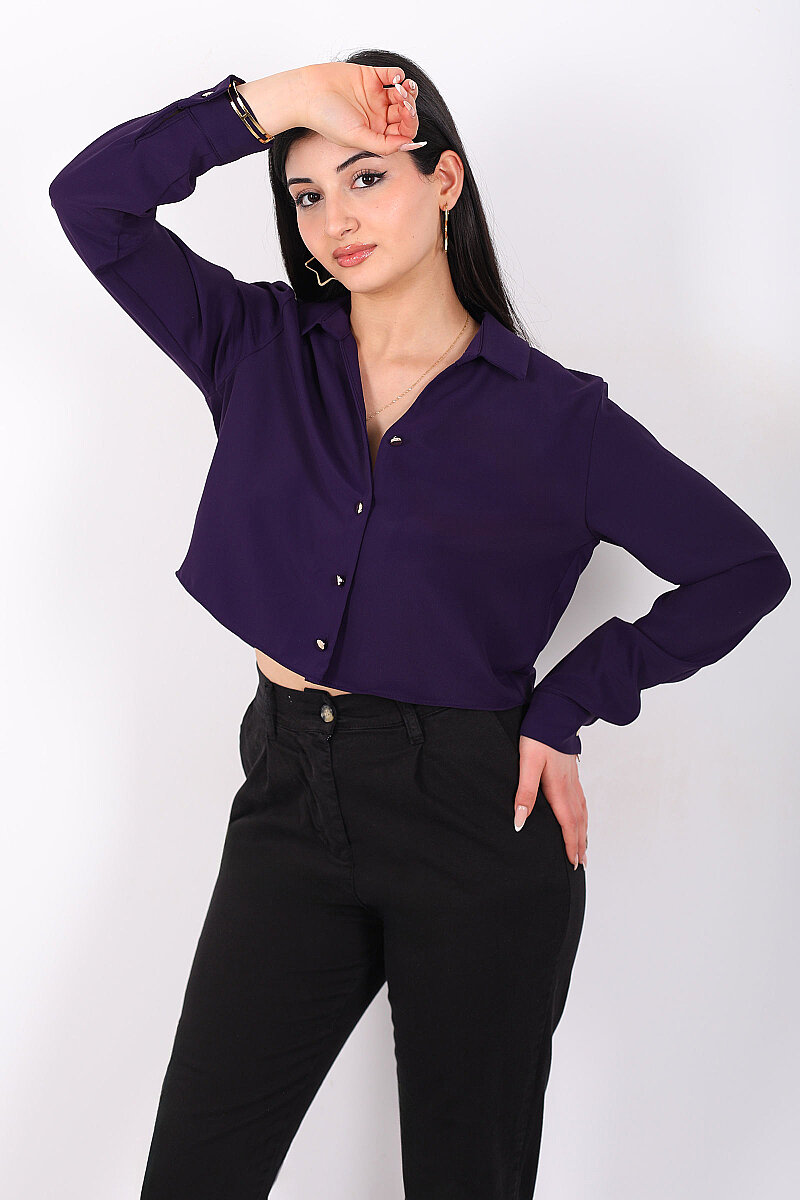 Gold Düğmeli Viskon Mor Kadın Crop Gömlek - 4