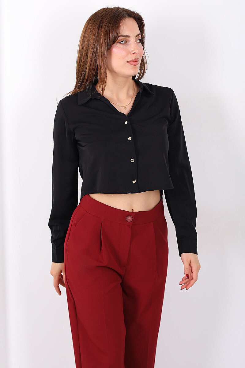 Gold Düğmeli Viskon Siyah Kadın Crop Gömlek - 5