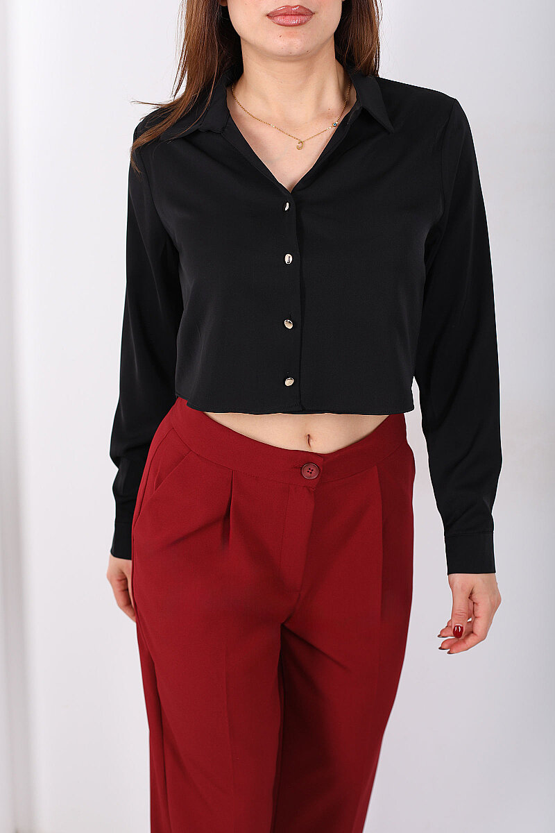Gold Düğmeli Viskon Siyah Kadın Crop Gömlek - 2