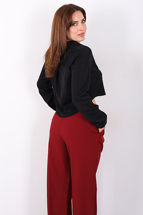 Gold Düğmeli Viskon Siyah Kadın Crop Gömlek - 4