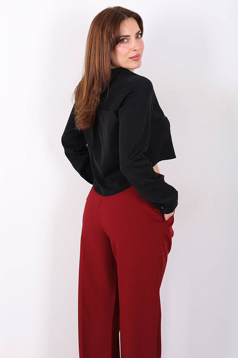 Gold Düğmeli Viskon Siyah Kadın Crop Gömlek - 4