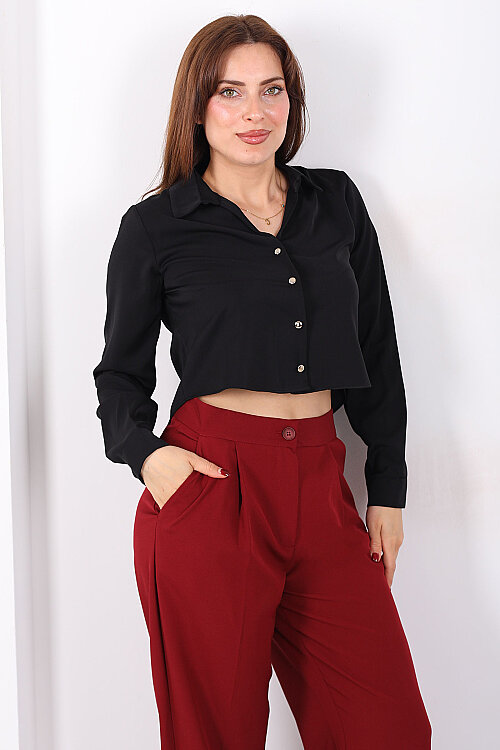 Gold Düğmeli Viskon Siyah Kadın Crop Gömlek - Berox