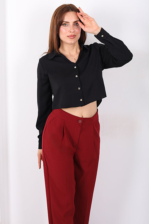 Gold Düğmeli Viskon Siyah Kadın Crop Gömlek - 3