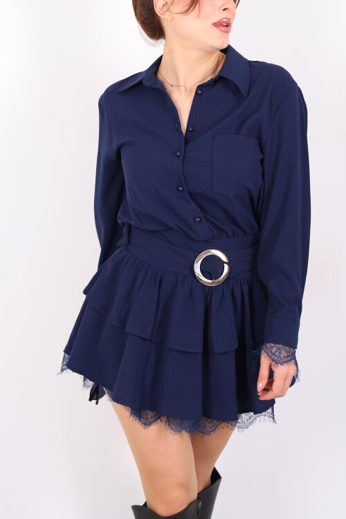 Gold Kemerli Dantel Detaylı Kadın Lacivert Mini Elbise - Berox (1)