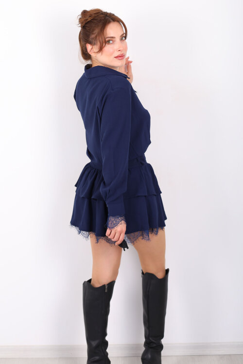 Gold Kemerli Dantel Detaylı Kadın Lacivert Mini Elbise - 7