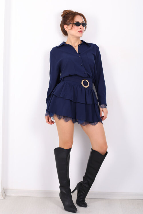 Gold Kemerli Dantel Detaylı Kadın Lacivert Mini Elbise - Berox