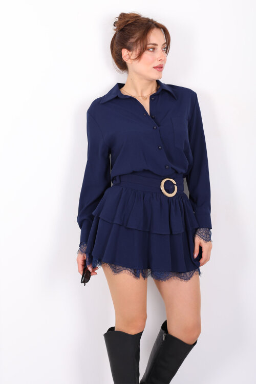 Gold Kemerli Dantel Detaylı Kadın Lacivert Mini Elbise - 3