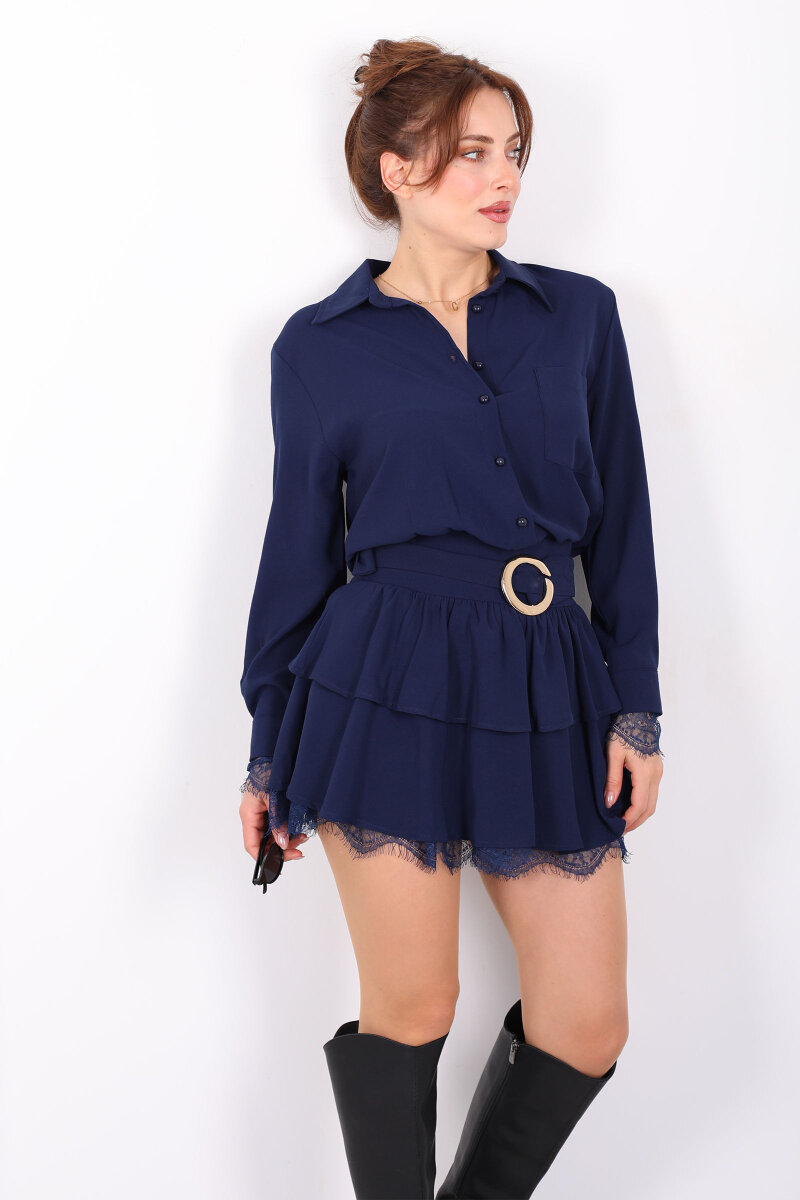Gold Kemerli Dantel Detaylı Kadın Lacivert Mini Elbise - 3