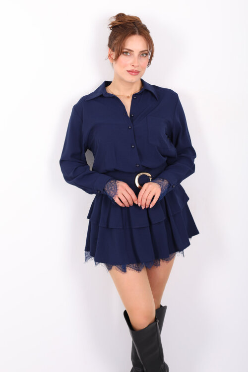 Gold Kemerli Dantel Detaylı Kadın Lacivert Mini Elbise - 6