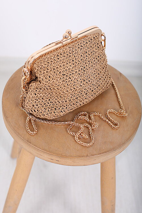 Gold Klips Detaylı Camel Hasır Çanta - 4