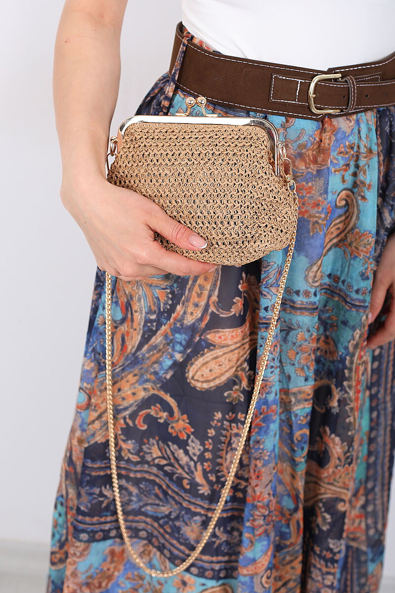 Gold Klips Detaylı Camel Hasır Çanta - 3