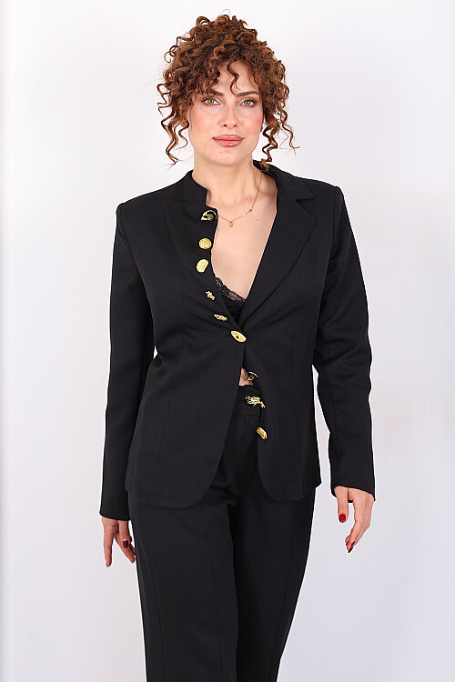 Gold Tasarım Düğme Detaylı Kadın Siyah Blazer Ceket Pantolon Takım - 7