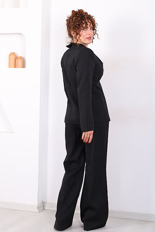 Gold Tasarım Düğme Detaylı Kadın Siyah Blazer Ceket Pantolon Takım - 6