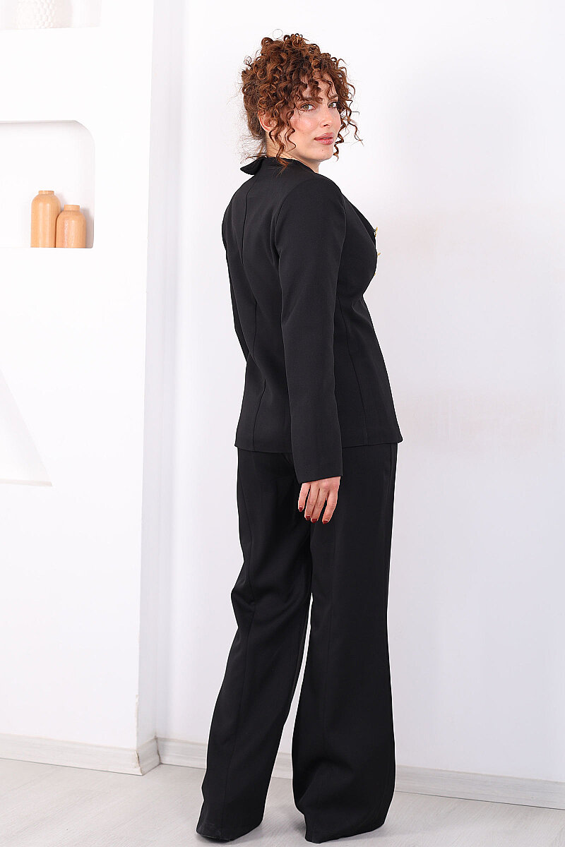 Gold Tasarım Düğme Detaylı Kadın Siyah Blazer Ceket Pantolon Takım - 6
