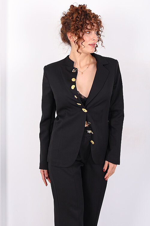 Gold Tasarım Düğme Detaylı Kadın Siyah Blazer Ceket Pantolon Takım - 3