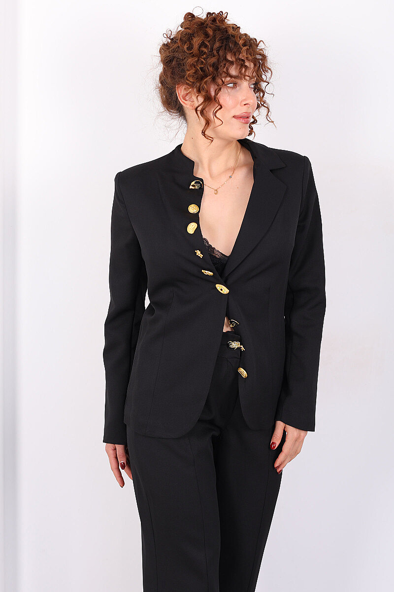 Gold Tasarım Düğme Detaylı Kadın Siyah Blazer Ceket Pantolon Takım - 3