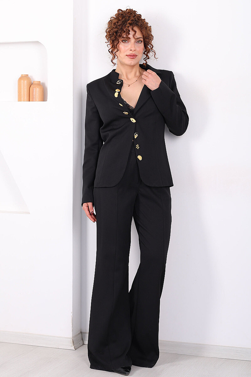 Gold Tasarım Düğme Detaylı Kadın Siyah Blazer Ceket Pantolon Takım - 1