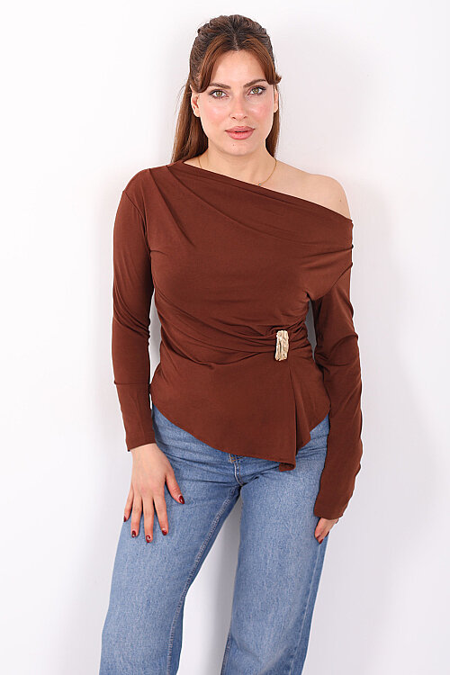 Gold Tokalı Kayık Yaka Kadın Kahverengi Sandy Bluz - 6