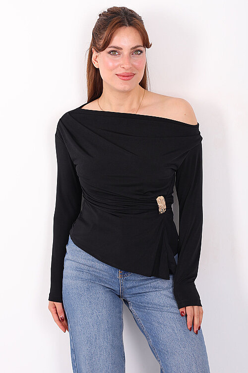 Gold Tokalı Kayık Yaka Kadın Siyah Sandy Bluz - 3