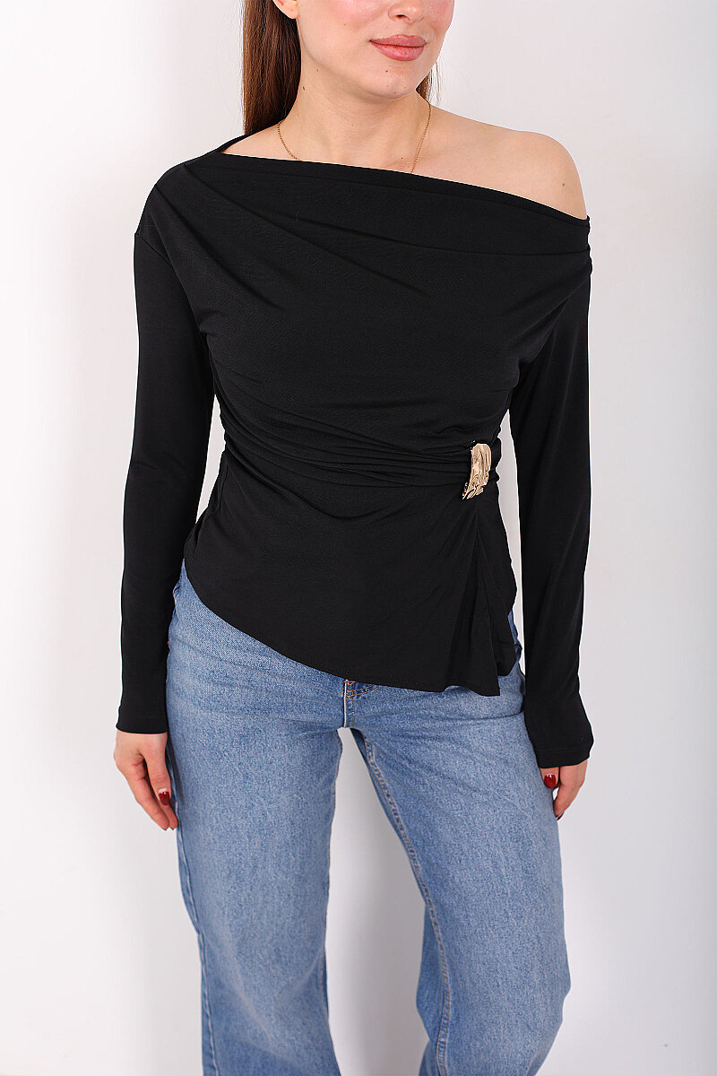 Gold Tokalı Kayık Yaka Kadın Siyah Sandy Bluz - 2