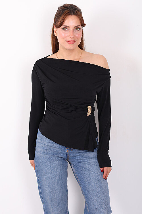 Gold Tokalı Kayık Yaka Kadın Siyah Sandy Bluz - 5