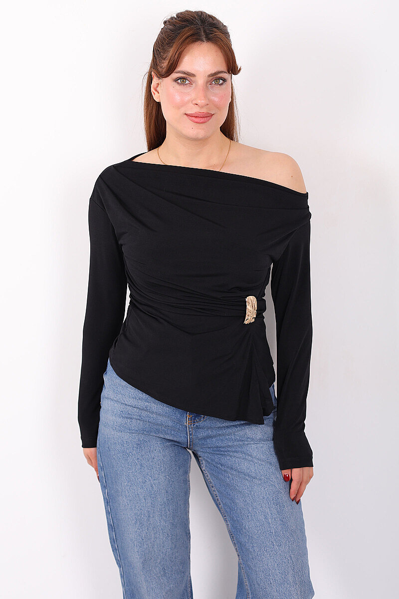 Gold Tokalı Kayık Yaka Kadın Siyah Sandy Bluz - 5