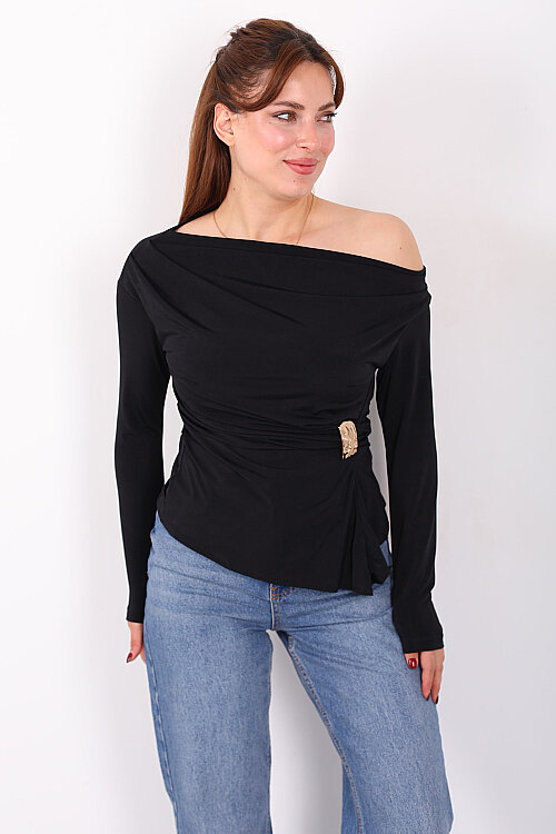 Gold Tokalı Kayık Yaka Kadın Siyah Sandy Bluz - Berox
