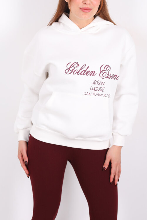 Golden Essence Beyaz Kadın Kanguru Cepli Hoodie - Berox (1)