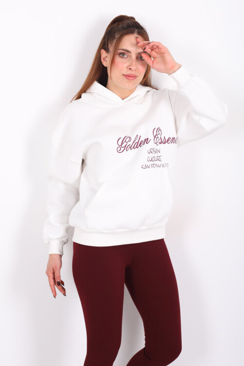 Golden Essence Beyaz Kadın Kanguru Cepli Hoodie - 3