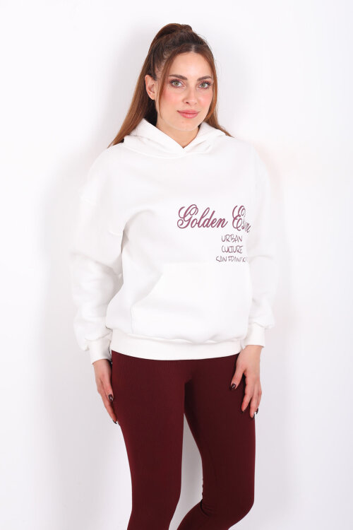 Golden Essence Beyaz Kadın Kanguru Cepli Hoodie - 5