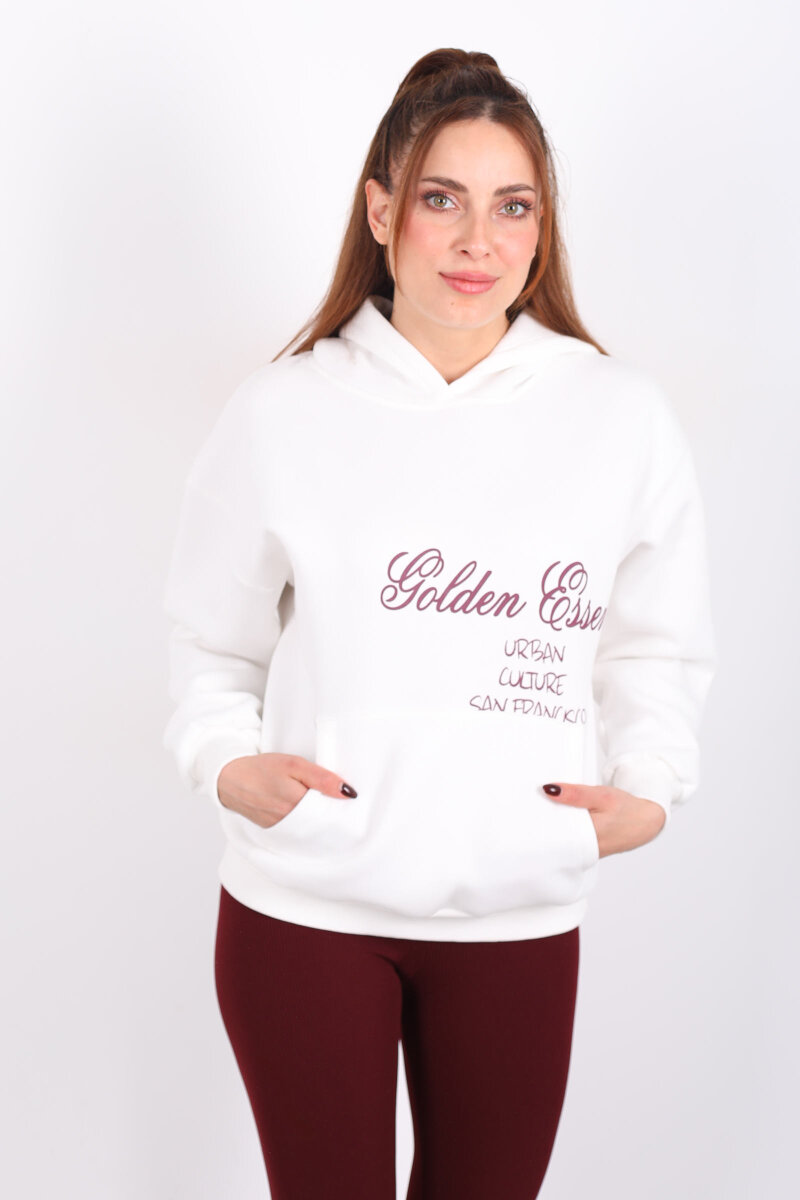 Golden Essence Beyaz Kadın Kanguru Cepli Hoodie - 1